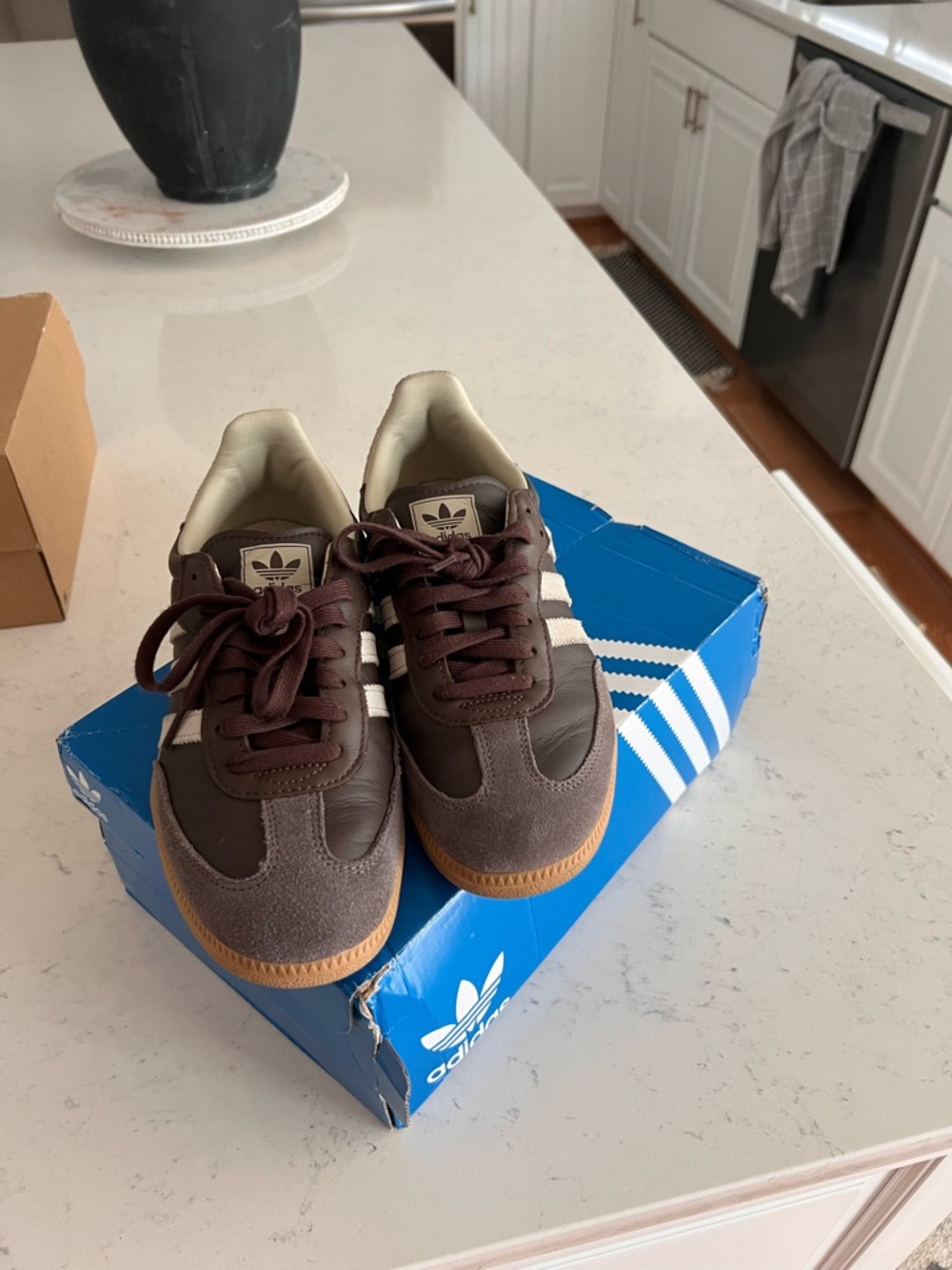 adidas women’s Brown & White Three-Stripe Sneakers